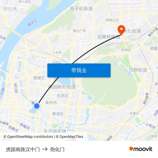 虎踞南路汉中门 to 尧化门 map