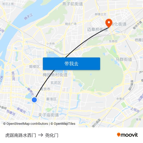 虎踞南路水西门 to 尧化门 map