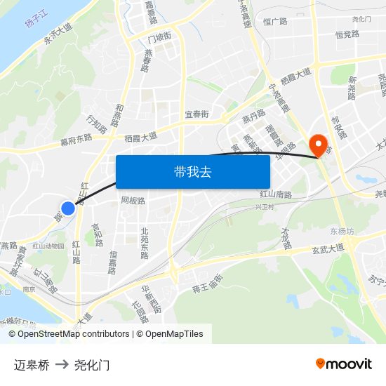 迈皋桥 to 尧化门 map