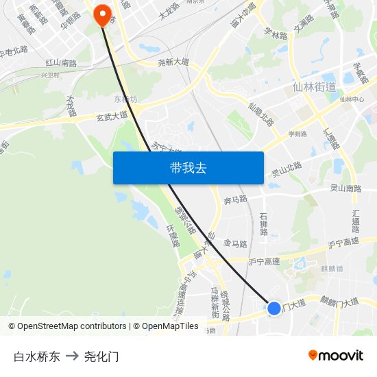 白水桥东 to 尧化门 map