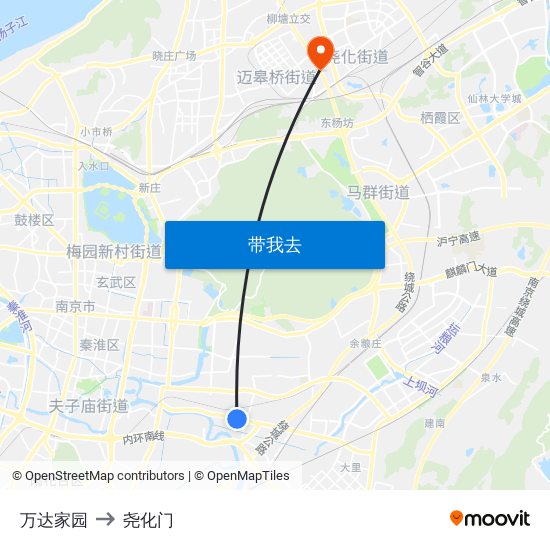 万达家园 to 尧化门 map