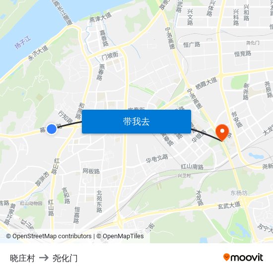 晓庄村 to 尧化门 map