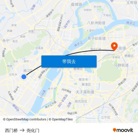 西门桥 to 尧化门 map