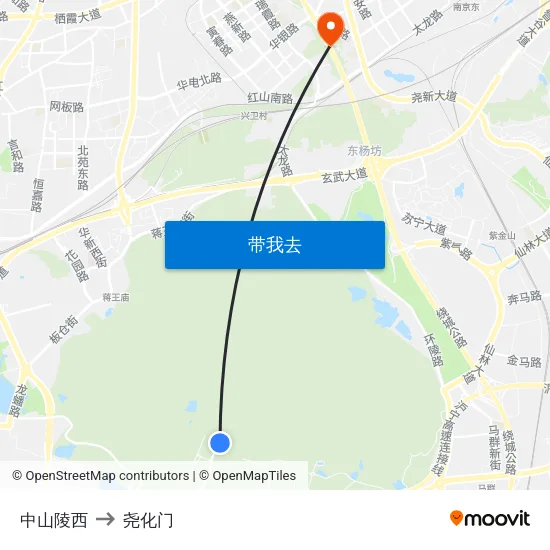 中山陵西 to 尧化门 map