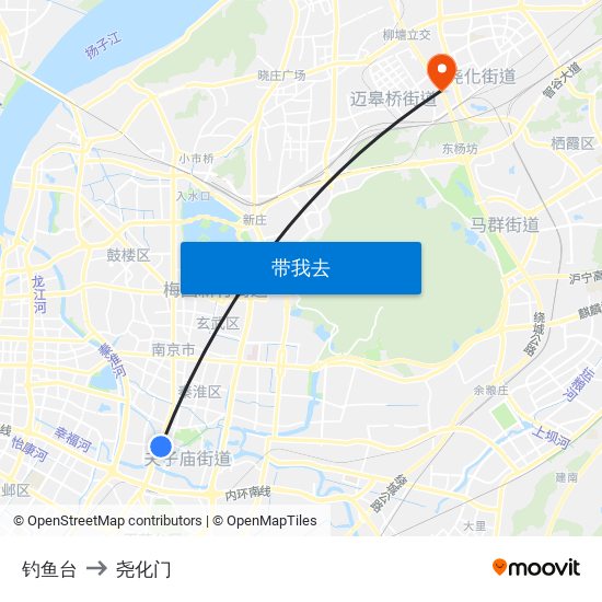 钓鱼台 to 尧化门 map