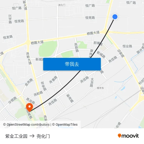 紫金工业园 to 尧化门 map