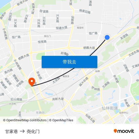 甘家巷 to 尧化门 map