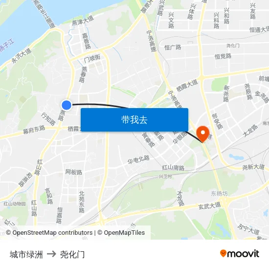 城市绿洲 to 尧化门 map