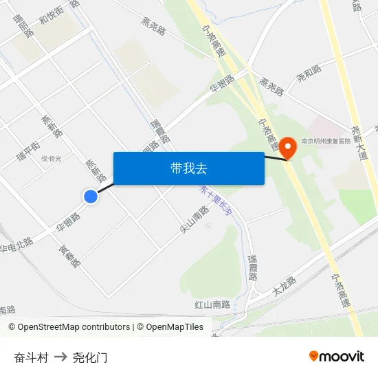 奋斗村 to 尧化门 map