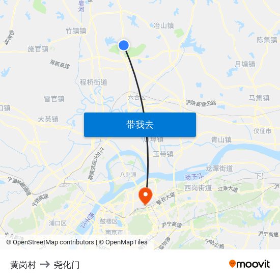 黄岗村 to 尧化门 map