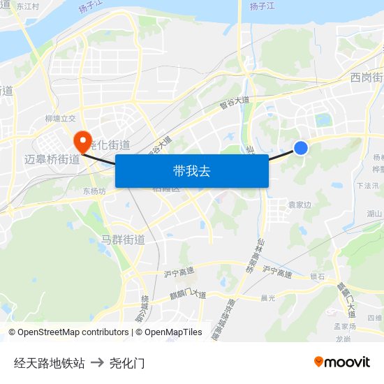 经天路地铁站 to 尧化门 map