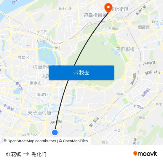 红花镇 to 尧化门 map