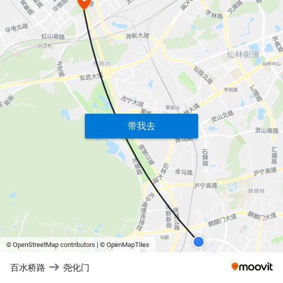 百水桥路 to 尧化门 map