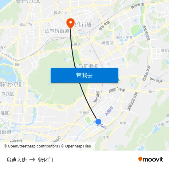 启迪大街 to 尧化门 map