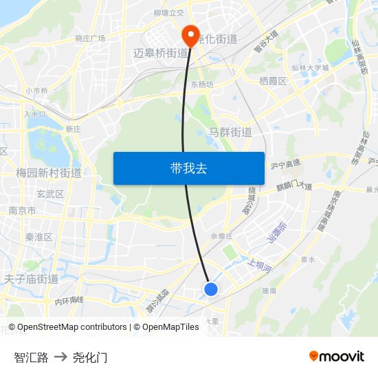 智汇路 to 尧化门 map