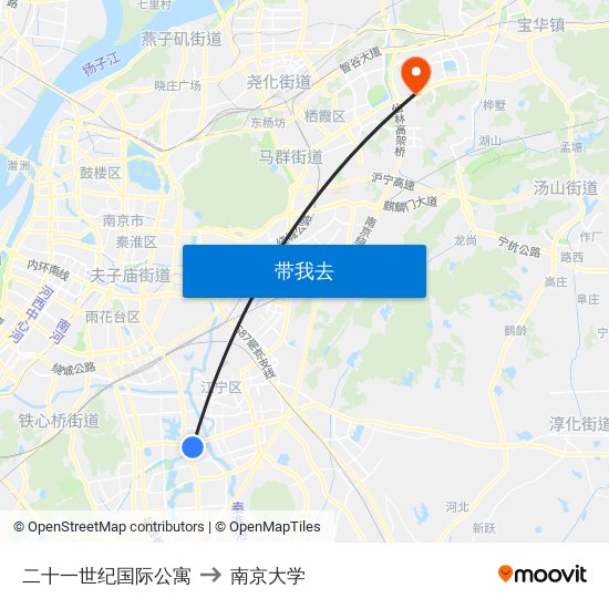 二十一世纪国际公寓 to 南京大学 map
