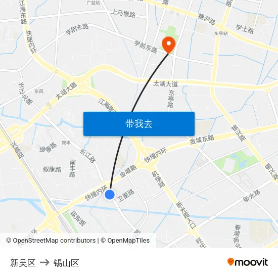 新吴区 to 锡山区 map