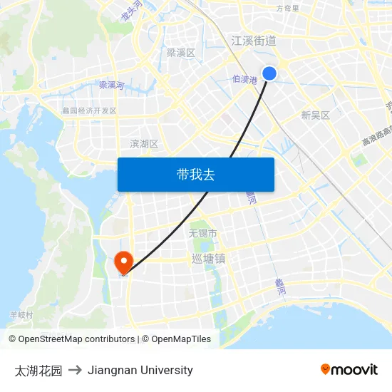 太湖花园 to Jiangnan University map