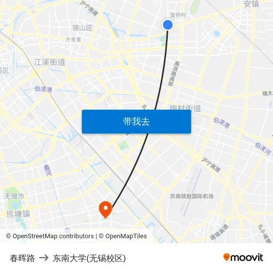 春晖路 to 东南大学(无锡校区) map