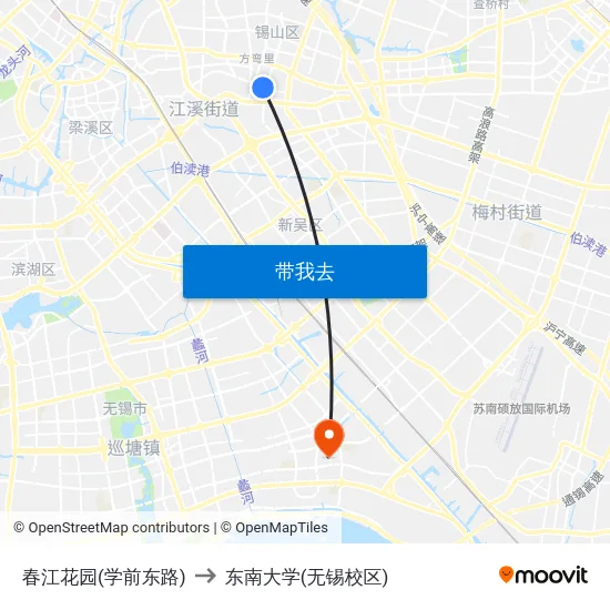 春江花园(学前东路) to 东南大学(无锡校区) map