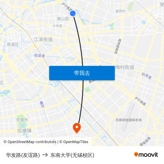 华发路(友谊路) to 东南大学(无锡校区) map