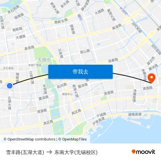 雪丰路(五湖大道) to 东南大学(无锡校区) map