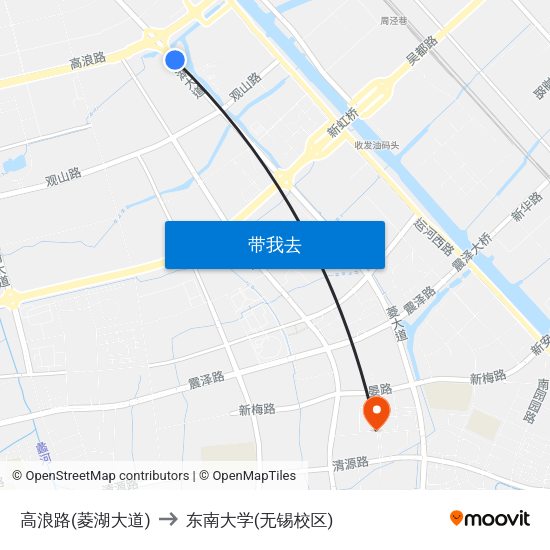 高浪路(菱湖大道) to 东南大学(无锡校区) map