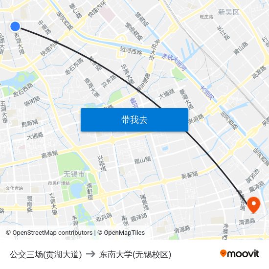 公交三场(贡湖大道) to 东南大学(无锡校区) map