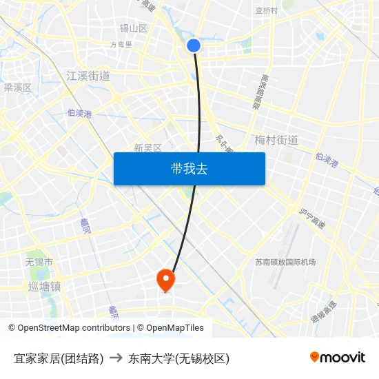 宜家家居(团结路) to 东南大学(无锡校区) map