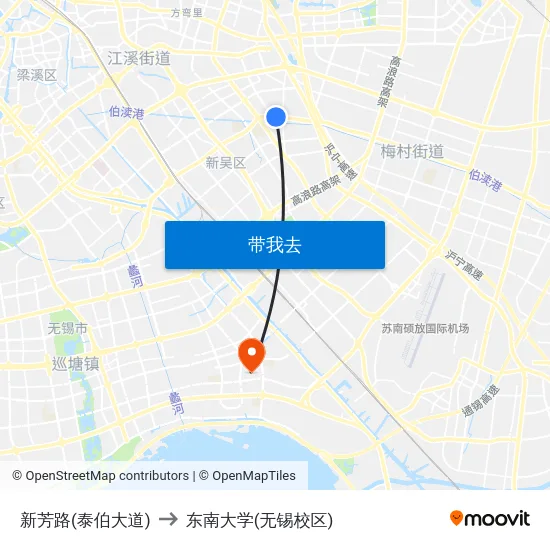 新芳路(泰伯大道) to 东南大学(无锡校区) map
