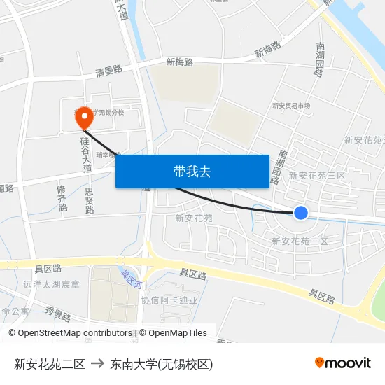 新安花苑二区 to 东南大学(无锡校区) map