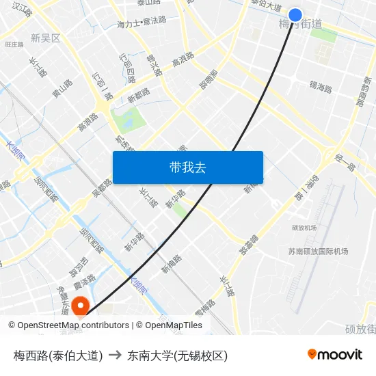 梅西路(泰伯大道) to 东南大学(无锡校区) map