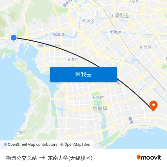 梅园公交总站 to 东南大学(无锡校区) map