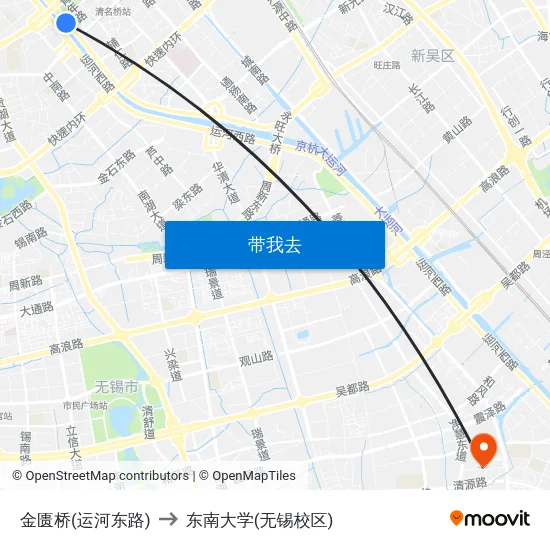 金匮桥(运河东路) to 东南大学(无锡校区) map