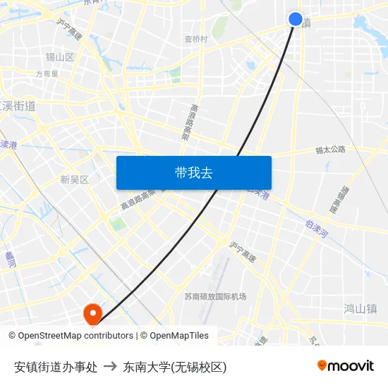安镇街道办事处 to 东南大学(无锡校区) map