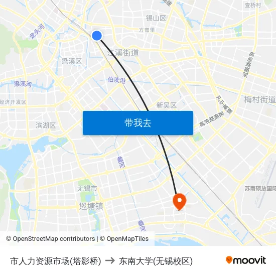 市人力资源市场(塔影桥) to 东南大学(无锡校区) map