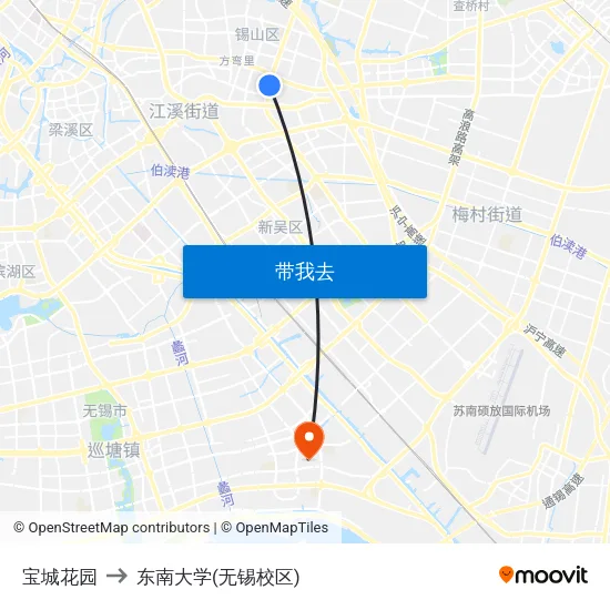 宝城花园 to 东南大学(无锡校区) map