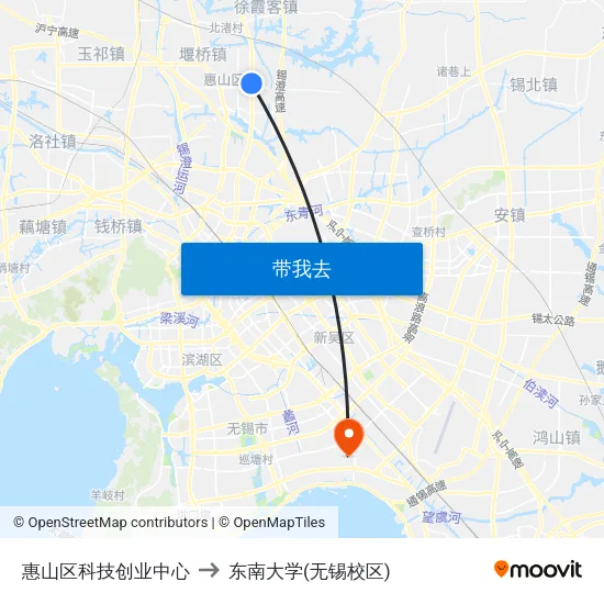 惠山区科技创业中心 to 东南大学(无锡校区) map