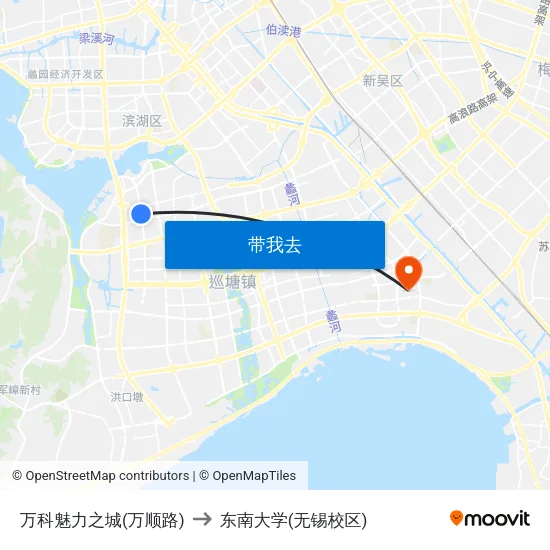 万科魅力之城(万顺路) to 东南大学(无锡校区) map
