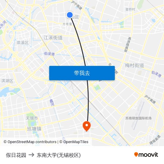 假日花园 to 东南大学(无锡校区) map