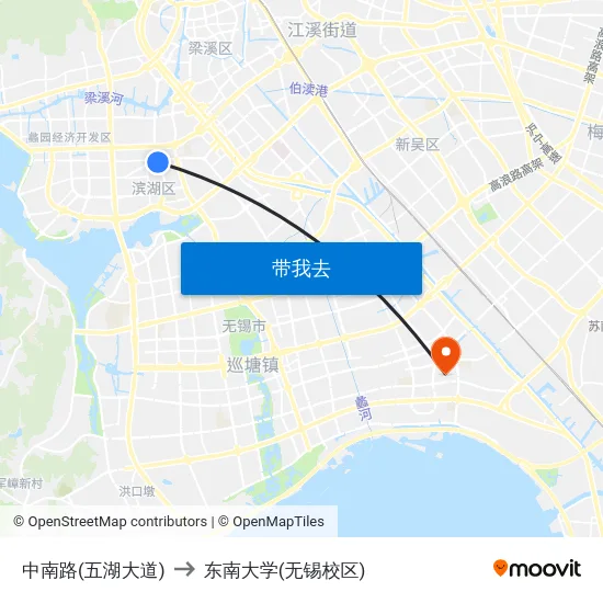 中南路(五湖大道) to 东南大学(无锡校区) map