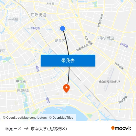 春潮三区 to 东南大学(无锡校区) map