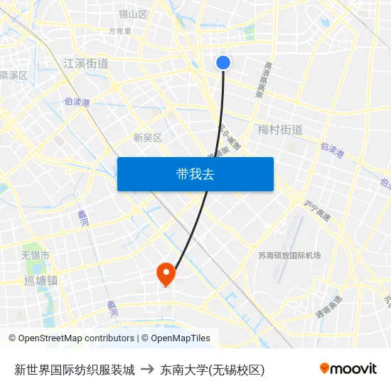 新世界国际纺织服装城 to 东南大学(无锡校区) map
