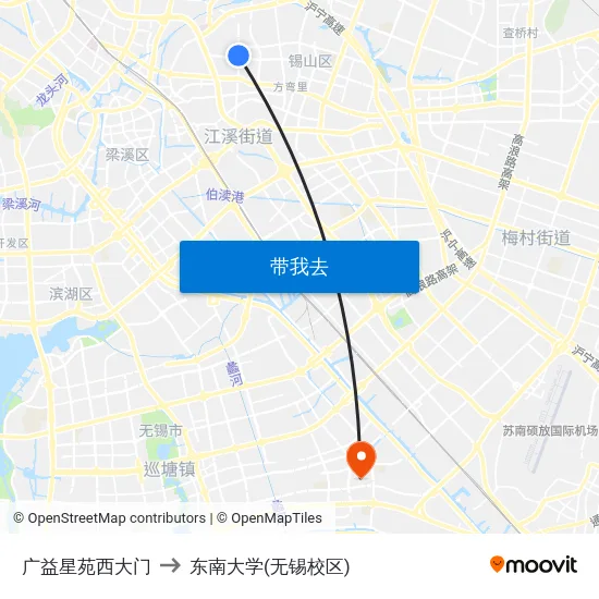 广益星苑西大门 to 东南大学(无锡校区) map