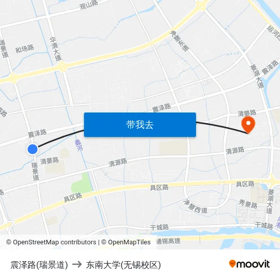 震泽路(瑞景道) to 东南大学(无锡校区) map
