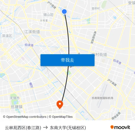 云林苑西区(春江路) to 东南大学(无锡校区) map