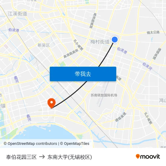 泰伯花园三区 to 东南大学(无锡校区) map