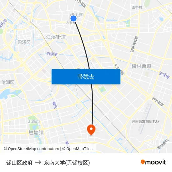 锡山区政府 to 东南大学(无锡校区) map