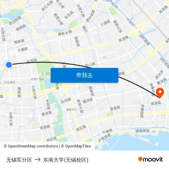 无锡军分区 to 东南大学(无锡校区) map