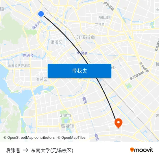 后张巷 to 东南大学(无锡校区) map